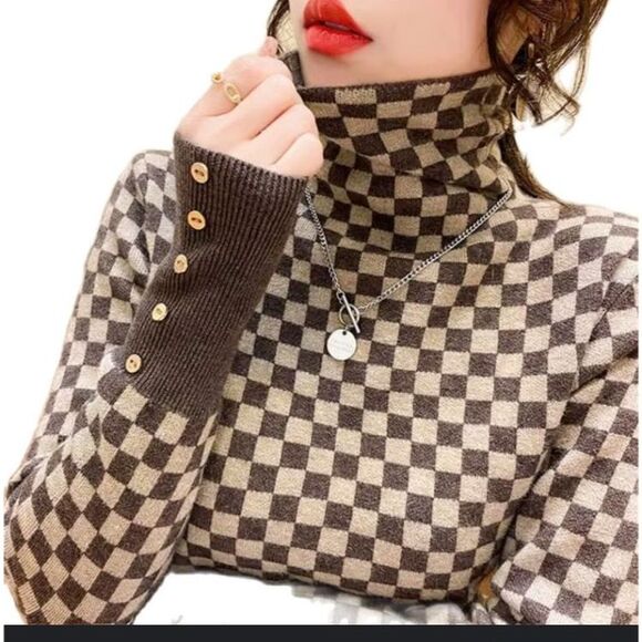 Gabby Isabella Women's Funnel Neck Check Pullover Long Sleeve Button Sweater XS - Picture 3 of 14